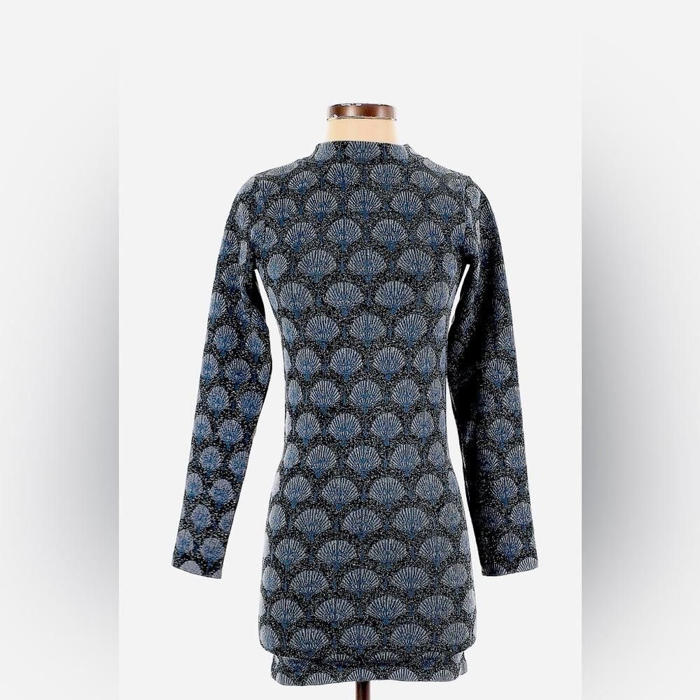 ZARA Metallic Blue Shell Print Knit Mini Dress - Open Back - Size XS